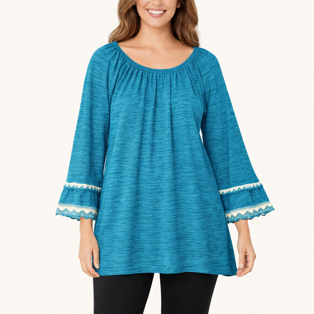 NWT Winwin Blouse Women S/M Blue Double Lace Sleeve Tunic Hippie Top Hipster New - Picture 2 of 13